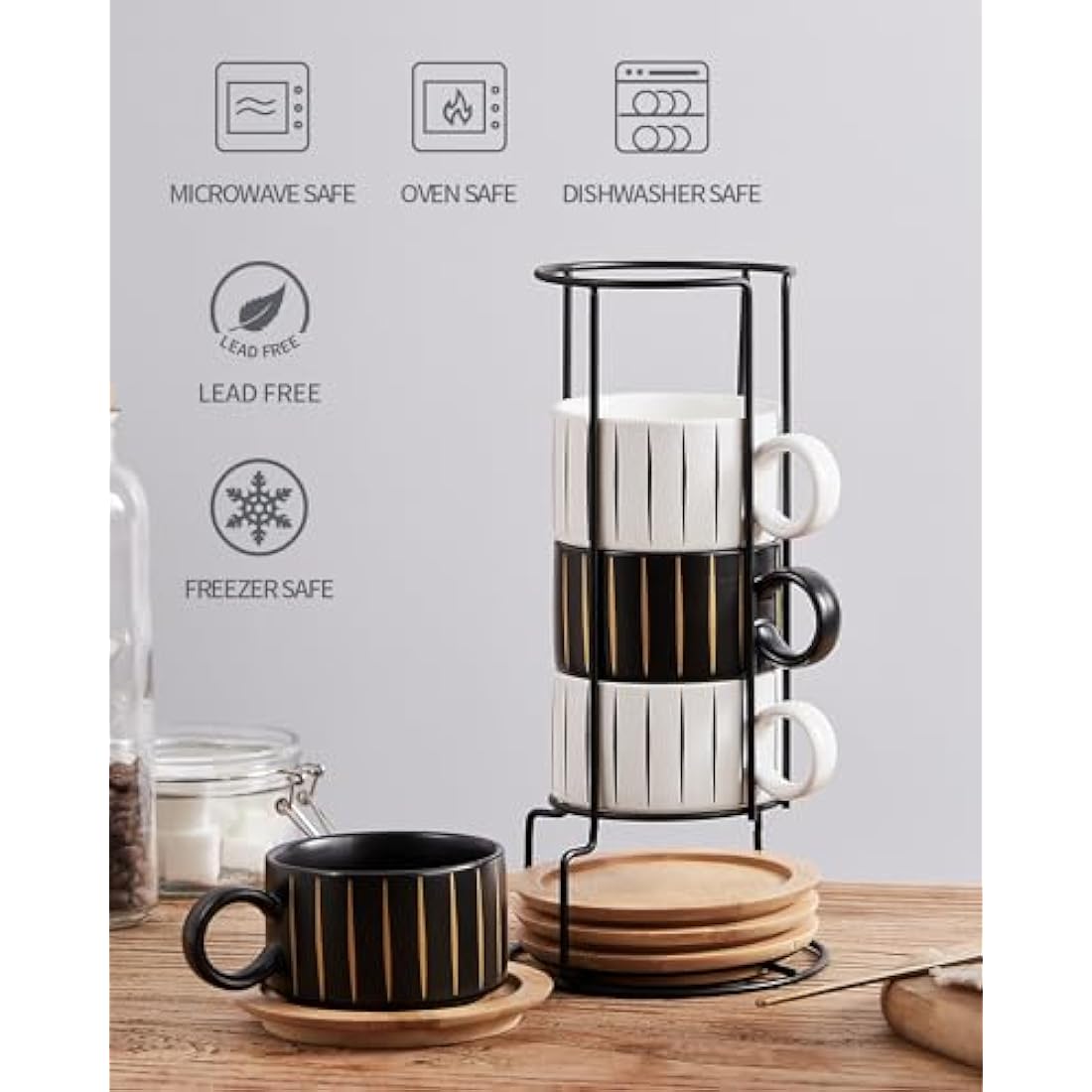 HOME DECOR Stackable Ceramic Coffee Cup, 160ml Cappuccino Mugs and Saucer with Metal Stand for Espressos, Cappuccinos and Lattes Cup, Set of 4 - Striped Collection