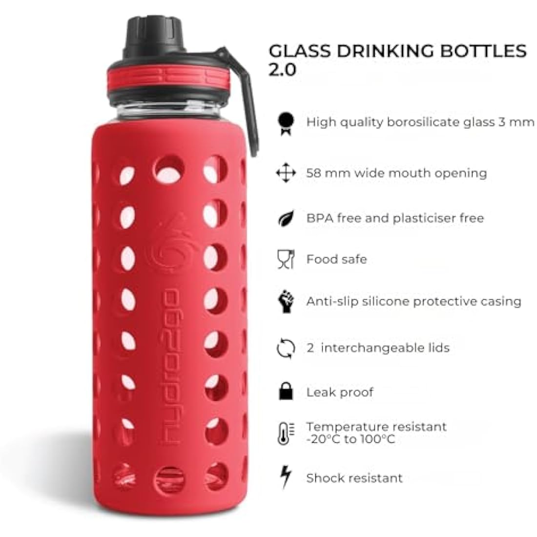 hydro2go Glass Water Bottle with Silicone Sleeve – 100% Leak-Proof, BPA-Free, Dishwasher Safe, 2 Replaceable Lids – Perfect for Office, Fitness, Yoga, Sports & Outdoors (Urban Red 2.0) – 950 ml