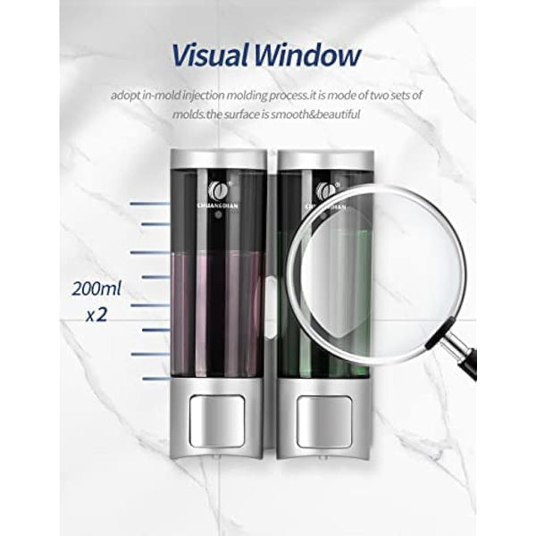 Double 200ML Soap Dispenser Bathroom Wall Mounted Shower Gel Shampoo and Conditioner Dispenser Kitchen Dish Detergent Container Hand Body Wash Liquid Soap Dispenser for Home Hotel Restaurant