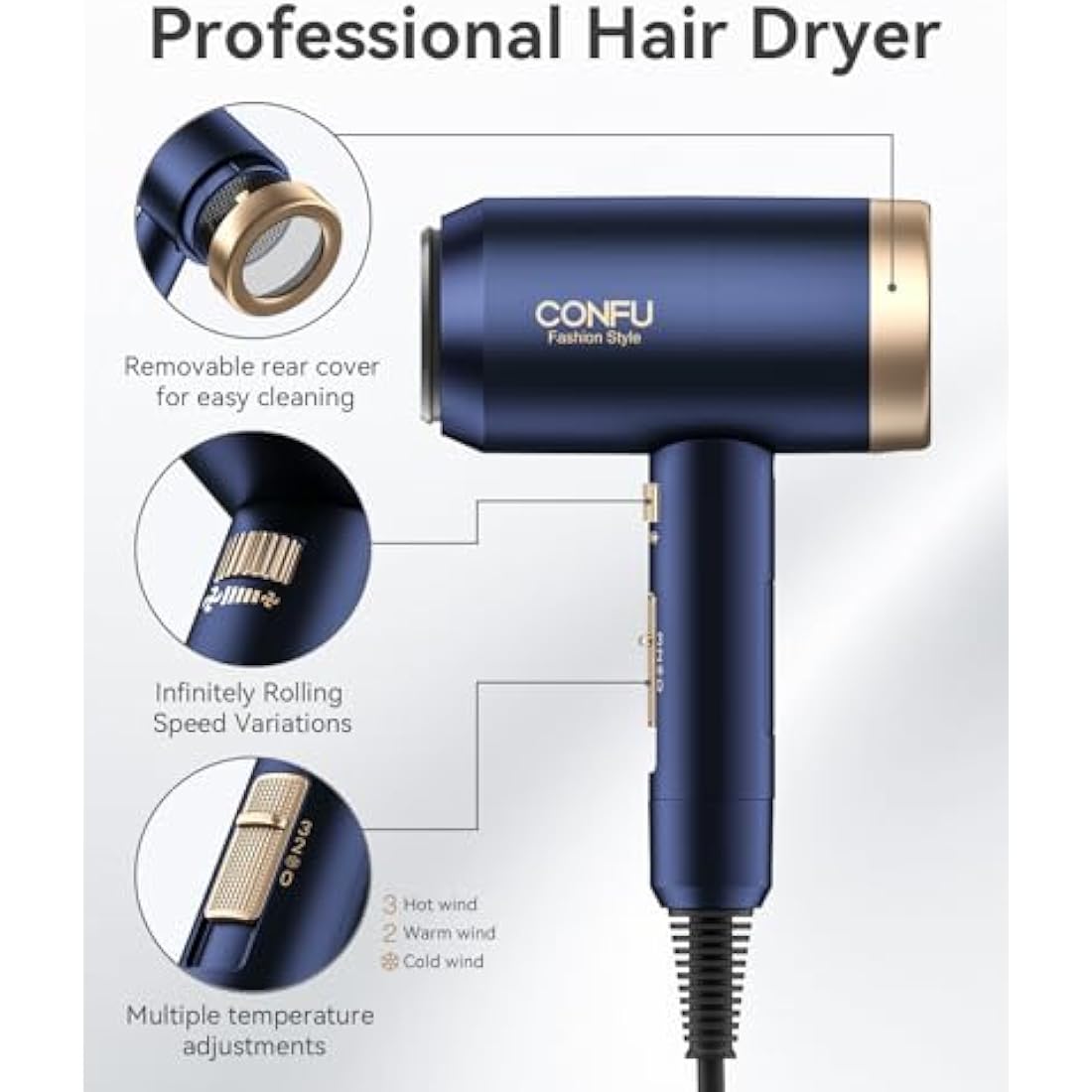 CONFU 1800W Hair Dryer, Ionic Hair Blow Dryer, Lightweight Hair Dryers with Cool Shot Button & Diffuser & Concentrator for Travel Salon Home Use, Dark Blue (Blue)