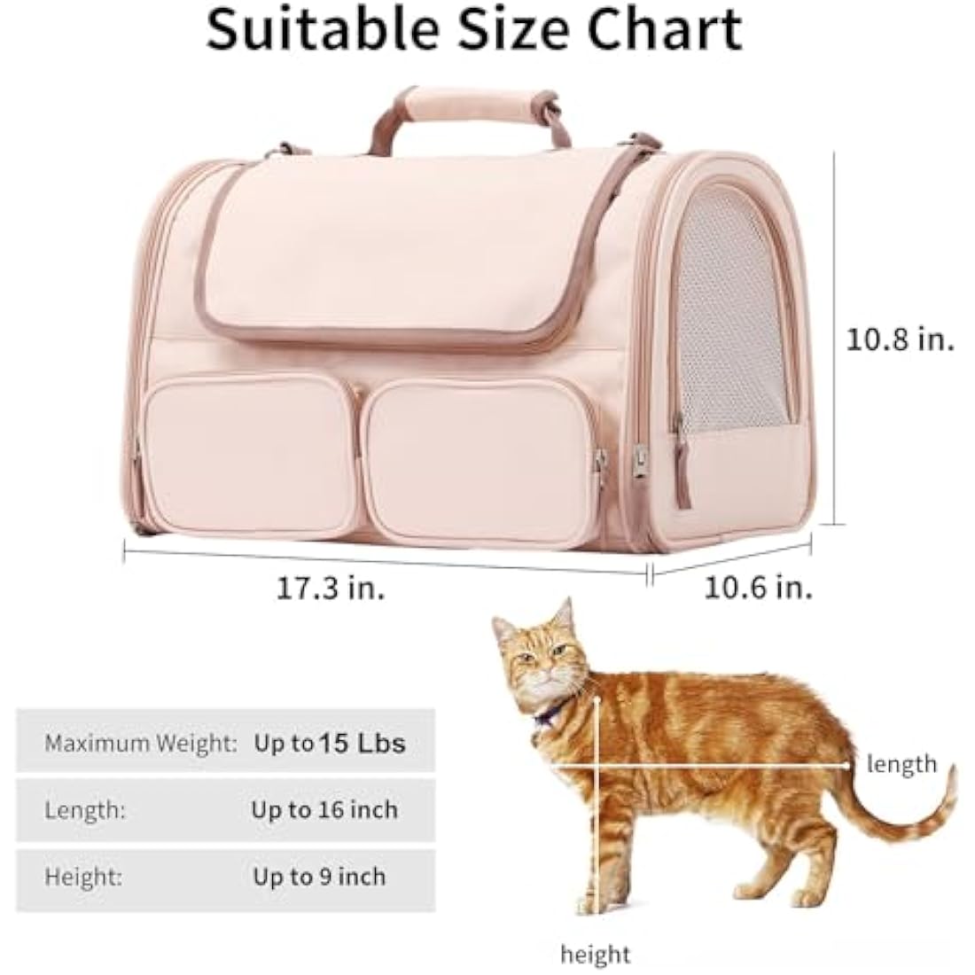 FUKUMARU Cat Carrier, 4 Mesh Windows Small Dog Carrier, 4 Storage Pockets Cat Travel Bag, Under 6.8 Kg Airline Approved Pet Carrier, Rollable Cover for Nervous Cats, Pink