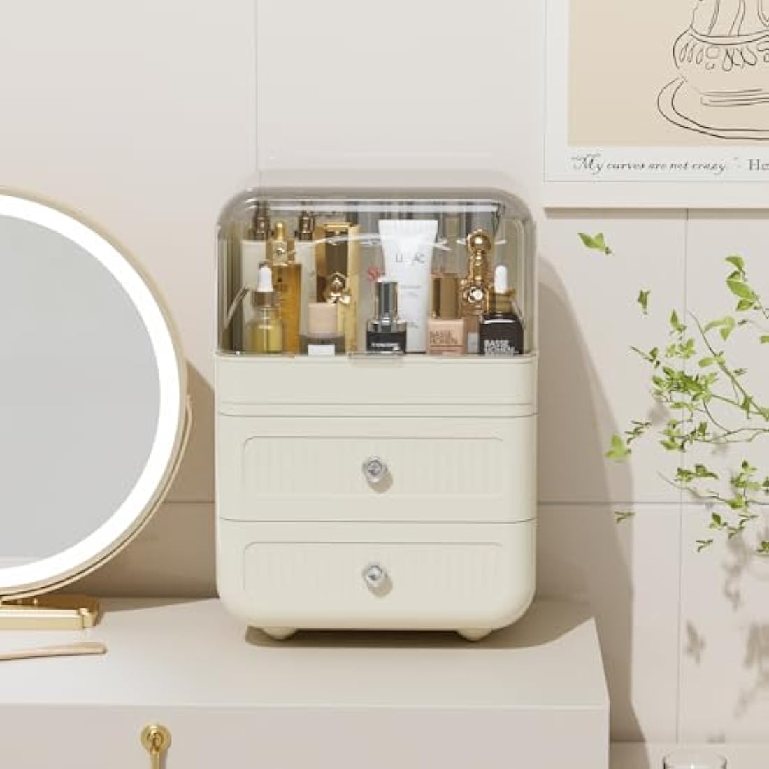 RMAN Makeup Organiser, Large Capacity Makeup Storage with Clear Lid and 2 Drawers for Cosmetics, Perfumes, Skincare, Waterproof and Dustproof - Cream White