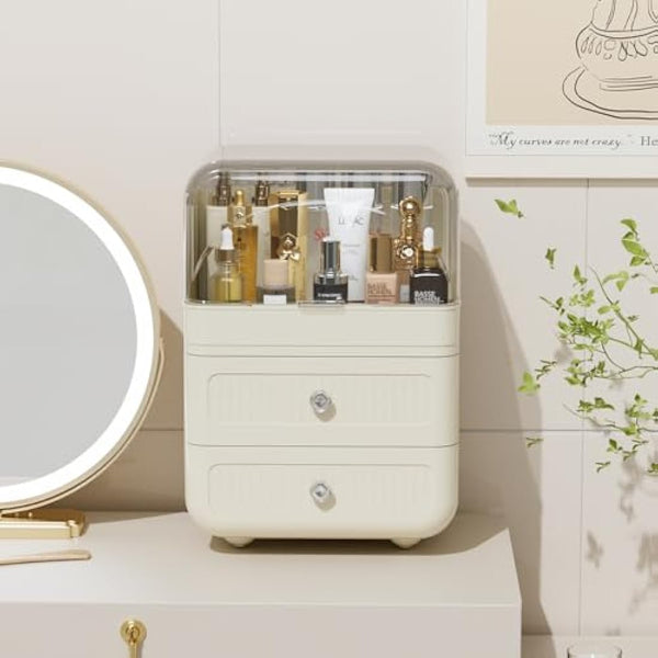 RMAN Makeup Organiser, Large Capacity Makeup Storage with Clear Lid and 2 Drawers for Cosmetics, Perfumes, Skincare, Waterproof and Dustproof - Cream White