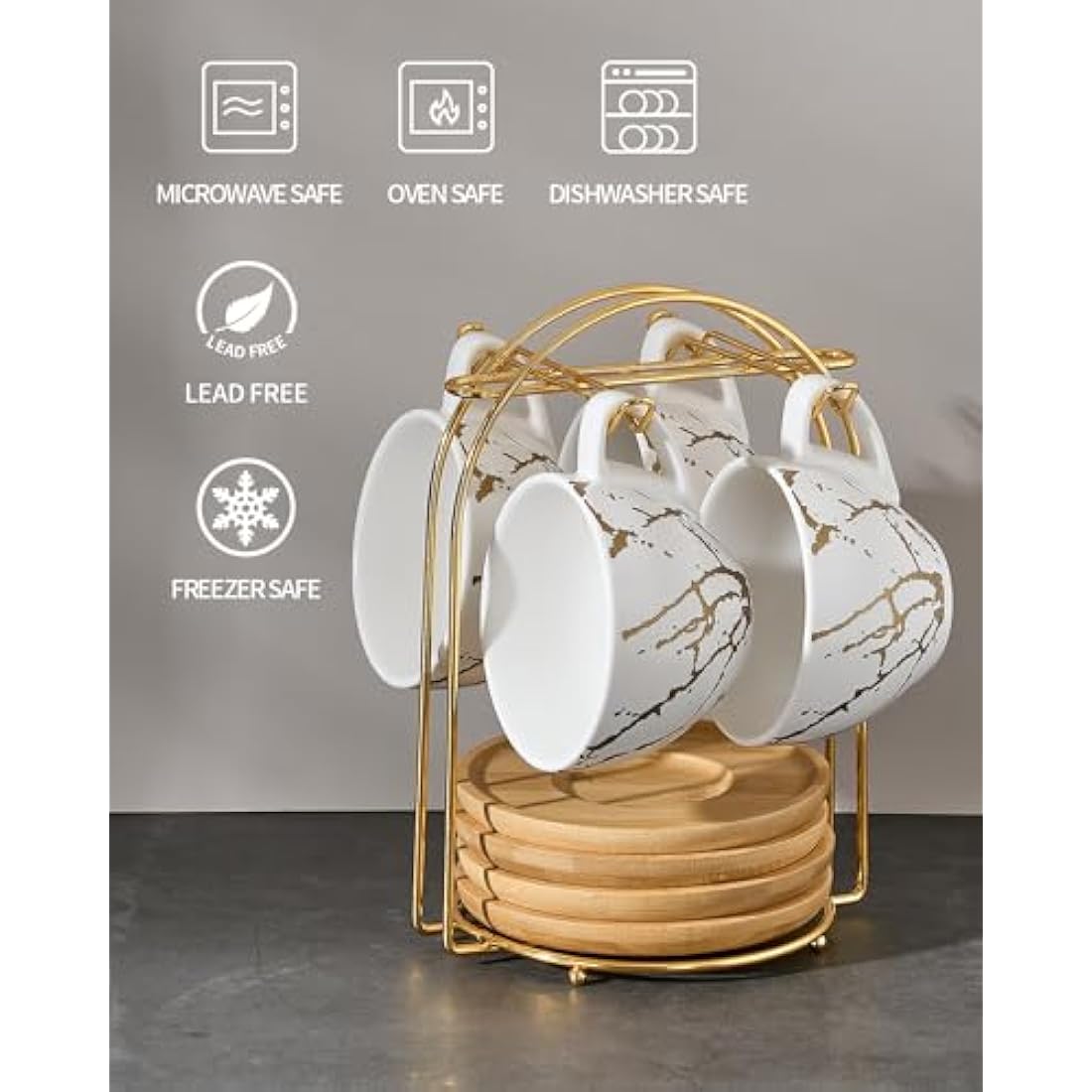 HOME DECOR Ceramic Cappuccino Cups Set of 4, 220ml Stackable Cappuccino Mugs and Saucer with Metal Stand for Coffee Lover, Cappuccino, Latte, Americano and Tea -White Golden