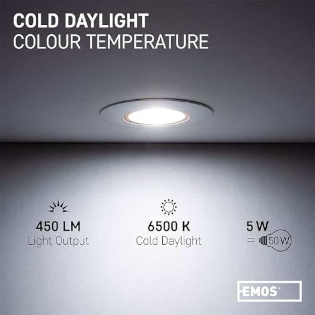 EMOS LED Spot Lights Ceiling Round 5W / 450lm, 6500K Cold White | 50° Tilt Swivel Recessed Ceiling Lights, Ultra Slim | Pack of 12 Recessed LED Downlights for Ceiling, Mains Powered, Black