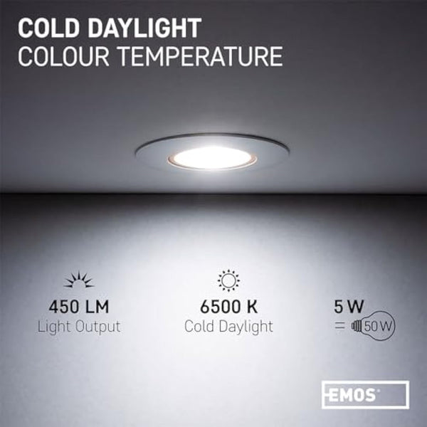 EMOS LED Spot Lights Ceiling Round 5W / 450lm, 6500K Cold White | 50° Tilt Swivel Recessed Ceiling Lights, Ultra Slim | Pack of 12 Recessed LED Downlights for Ceiling, Mains Powered, Black
