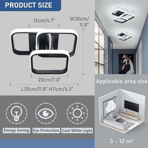 EIDISUNY LED Ceiling Light Modern 40W LED 3 Square Black Ceiling Lamp LED Ceiling Lights Fixture for Hallway Office Bedroom Kitchen Living Room Dining