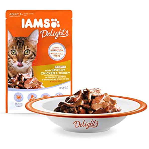 IAMS Delights Complete Wet Cat Food for Adult 1+ Cats Meat and Fish Variety in Gravy Multipack 24 x 85 g Pouches