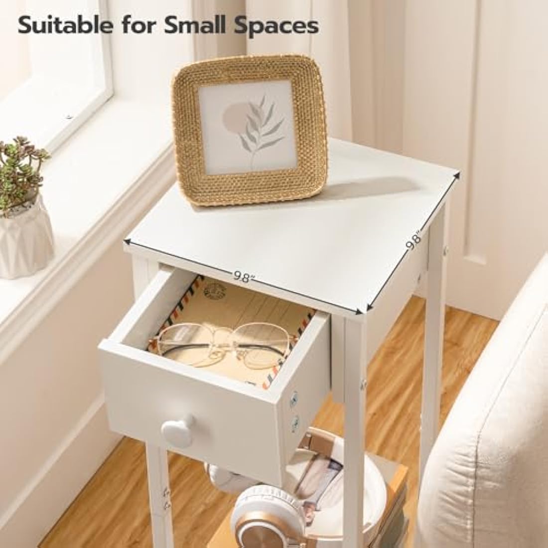 HOOBRO Slim Bedside Tables with Drawer, Small Side Table with Metal Frame, Tall Telephone Table for Small Spaces, Narrow Nightstand, Sturdy, White EWT771BZ01