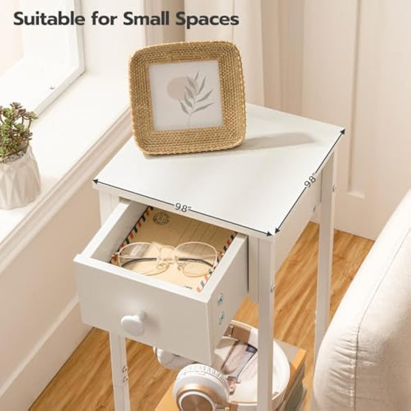 HOOBRO Slim Bedside Tables with Drawer, Small Side Table with Metal Frame, Tall Telephone Table for Small Spaces, Narrow Nightstand, Sturdy, White EWT771BZ01