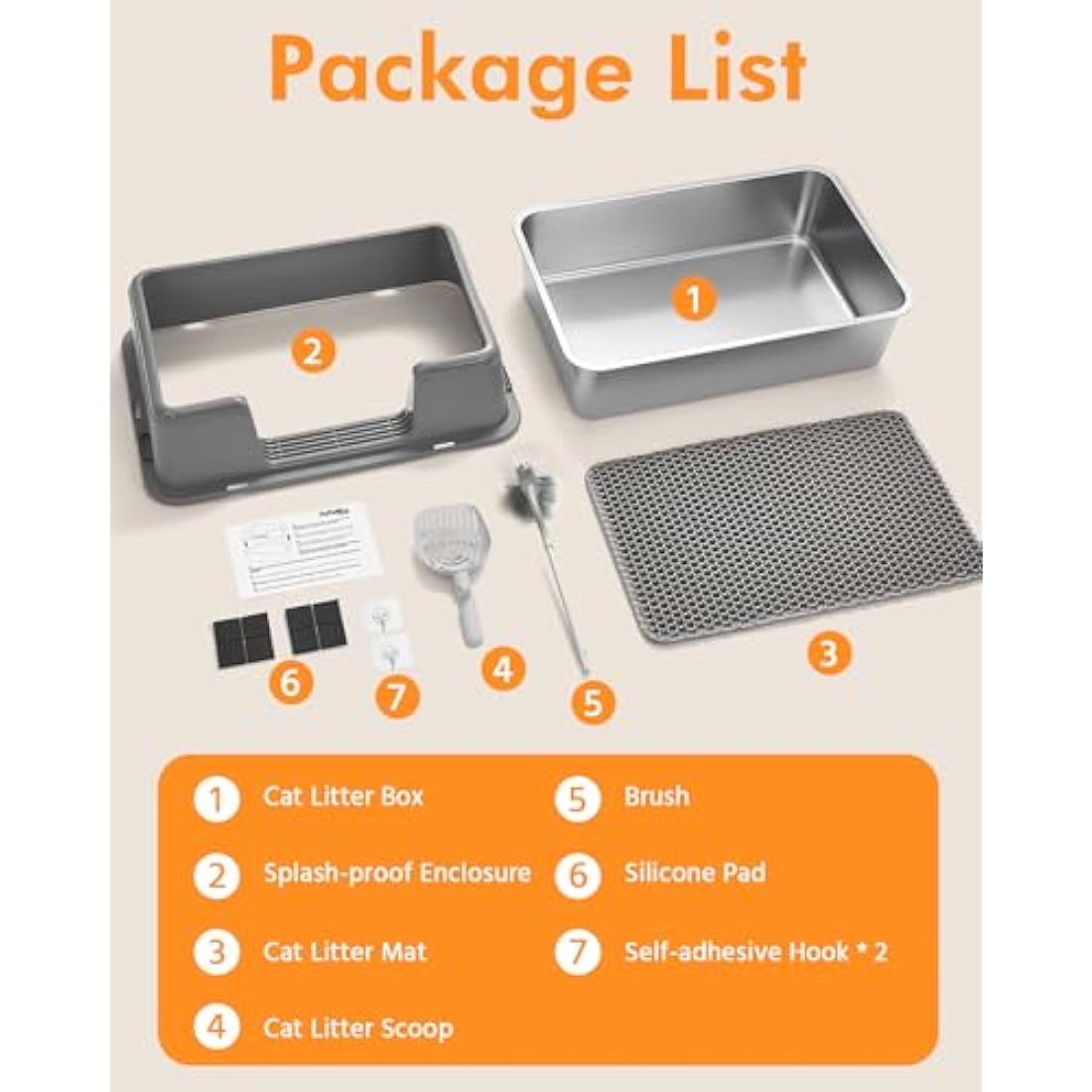 Papettly Extra Large Stainless Steel Litter Box, 36L Cat Litter Tray with Splash-Proof Lid, Easy Cleaning Odor-Less XL Cat Litter Tray with Double Layer Litter Mat, Litter Scoop, Brush, 60x40x31CM