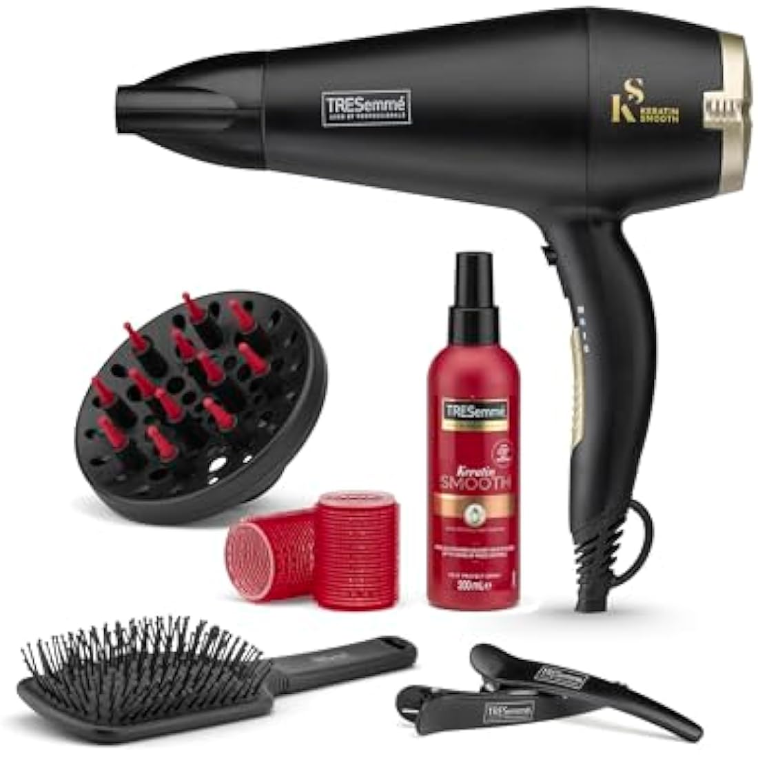 TRESemme Keratin Smooth Volume Shine Hair Dryer & Diffuser Gift Set - 2200W Powerful Blow Dryer, Heat Protection, Paddle Brush, Accessories, Black, 5543BU