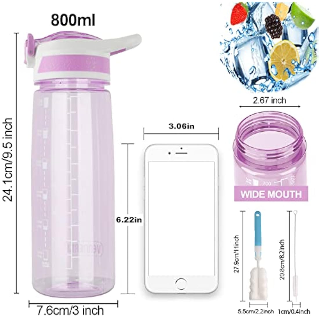 VENNERLI Water Bottle with Straw and Time Marking, Sports Water Bottle BPA Free Leak Proof Dishwasher Safe Reusable Tritan Drinks Bottle Durable Motivational for Adults Outdoor 800ml