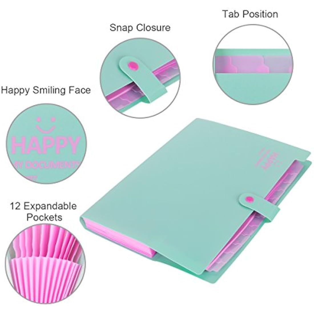 12 Pockets Expanding File Folder, HAISSKY Letter A4 Paper Pockets Accordion Document Organizer[Green & Pink]