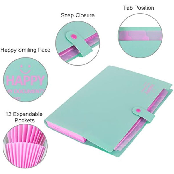 12 Pockets Expanding File Folder, HAISSKY Letter A4 Paper Pockets Accordion Document Organizer[Green & Pink]