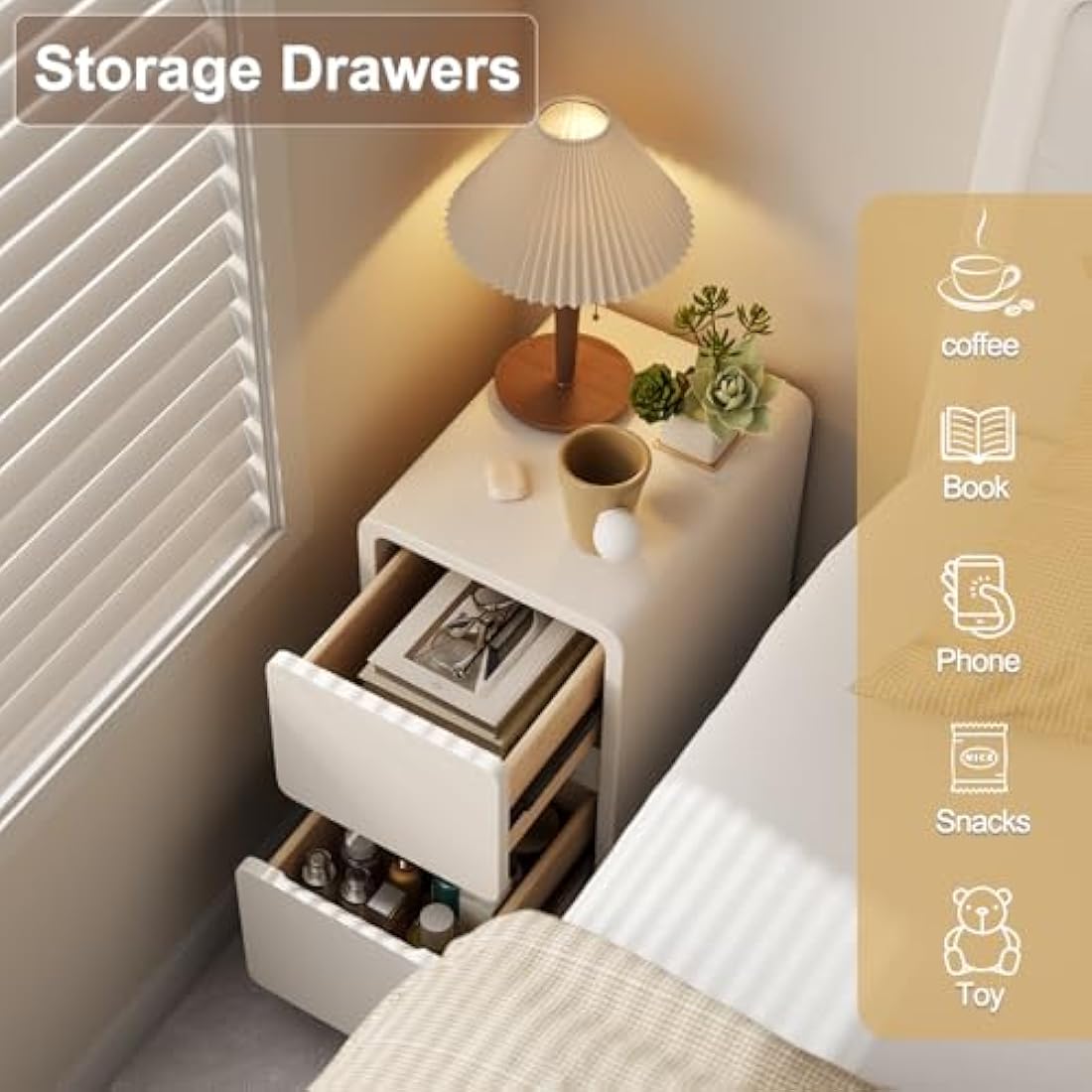 AQIMUELE Small Bedside Table, Narrow Bedside Cabinet with Drawers，Pre-assembled Slim Bedside Table with Leather Surface for Bedroom, 30cm (White)