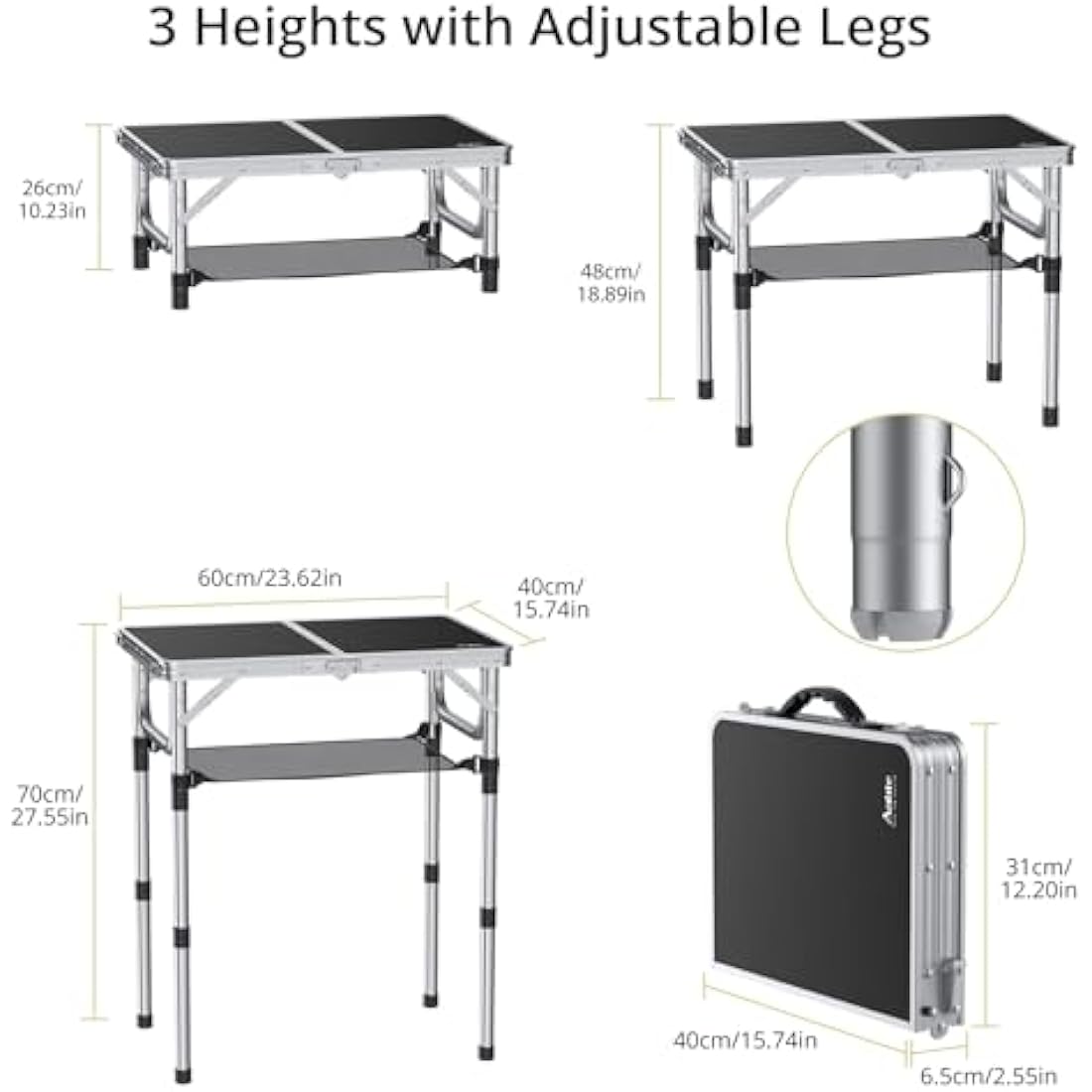 Anbte Folding Camping Table with Storage Net, 3 Adjustable Heights Aluminum Picnic Table, 2ft Portable Table Waterproof Lightweight, for Outdoor Indoor Garden Beach Backyard, 60cm x 40cm, black