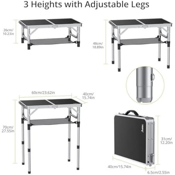 Anbte Folding Camping Table with Storage Net, 3 Adjustable Heights Aluminum Picnic Table, 2ft Portable Table Waterproof Lightweight, for Outdoor Indoor Garden Beach Backyard, 60cm x 40cm, black