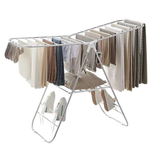 SONGMICS Clothes Airer, Foldable Clothes Drying Rack, Clothes Horse with Height-Adjustable Wings, Free-Standing Laundry Drying Rack, Indoor and