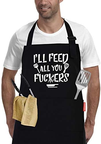 APRONPANDA I'll Feed All You - Funny Black BBQ Chef Aprons for Men Women with 2 Pockets - Gifts for Men, Birthday Gifts for Husband, Son, Boyfriend- Kitchen Cooking Grilling Apron