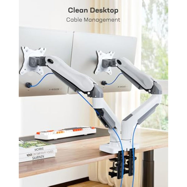 HUANUO White Dual Monitor Arm Desk Mount for 13 to 32 Inch Screens, Dual Monitor Stand for Curved Flat Screens, VESA Mount 75 & 100 mm