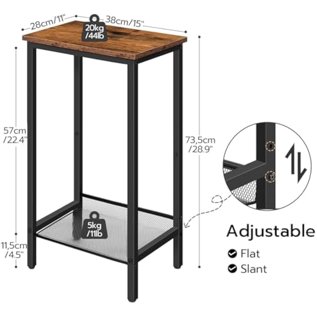 HOOBRO Tall Side Table, Industrial Telephone Table, Narrow Bedside Table with Adjustable Mesh Shelf, 2-Tier Small Coffee Table for Hallway, Living Room, Nightstand, Rustic Brown and Black EBF03DH01