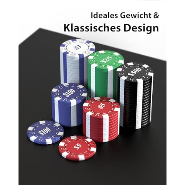 HEITOK Poker Chips 1000 Chips Set with Denominations, 11.5g Weighted Numbered Casino Chips Set, 2 Decks with Compact Aluminum Case for Texas Hold'em, Blackjack Chips