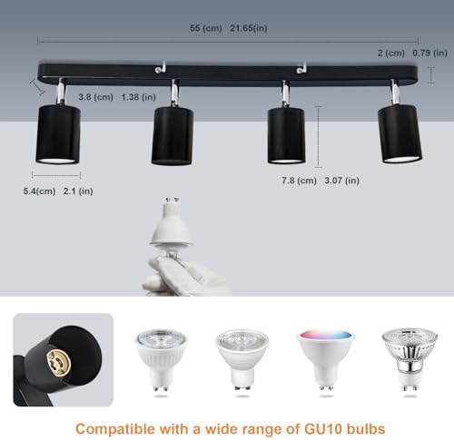 Sweier 4 Way Rotatable Black GU10 Ceiling Spotlight, 4x5W Cool White 6000K Adjustable Ceiling Light (Bulb Provided), Black Spotlights Strip for Living Room, Bedroom, Hallway, Kids Room, Kitchen