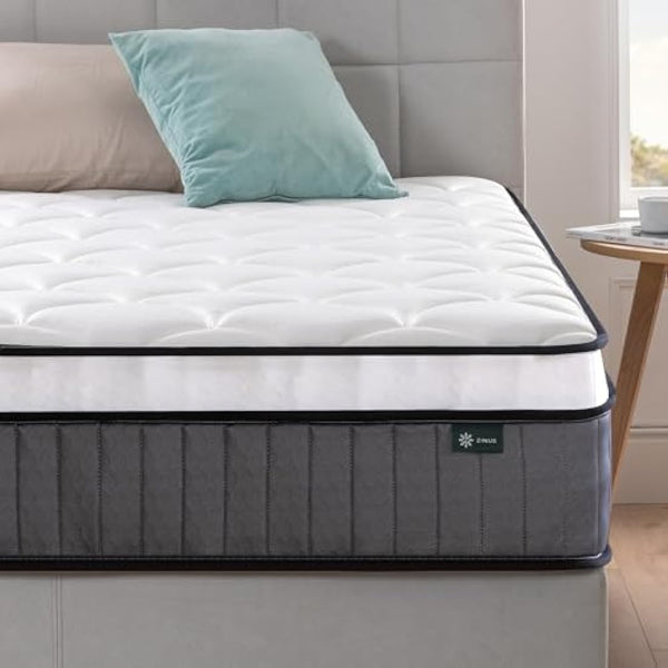 Zinus Double Mattress - Spring & Memory Foam Mattress - 135x190cm/4.4x6.2ft -Height 25cm/10in - Medium Firmness -Skin-friendly Hybrid Mattress -Body Support Orthopaedic Sprung Mattress -Designed in UK