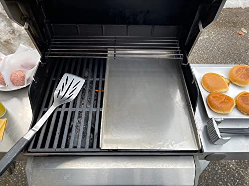Grihero Universal Griddle Plate with Grill Spatula Scraper Accessory Set, 40x30cm Stainless Steel BBQ Plancha Grill Plate with Grease Drain for Weber,