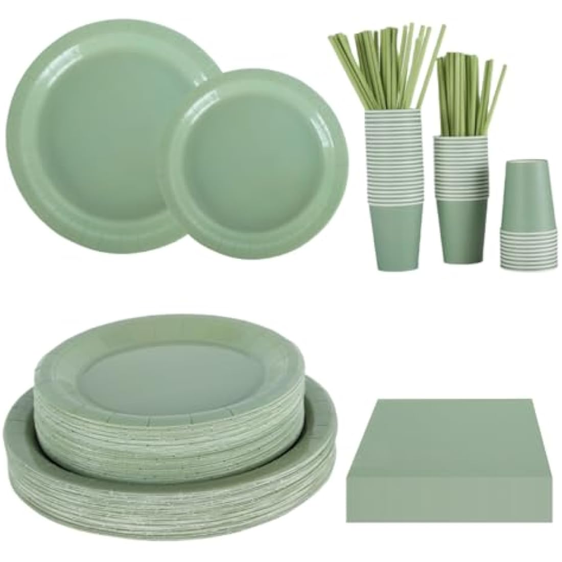 Green Paper Plates Napkins Cups Set, CEILIWEN 250PCS Sage Green Party Tableware, Green Party Supplies Include 9'' Paper Plate, 7'' Dessert Plate, Napkins, Cups, Straws, for 50 Guest
