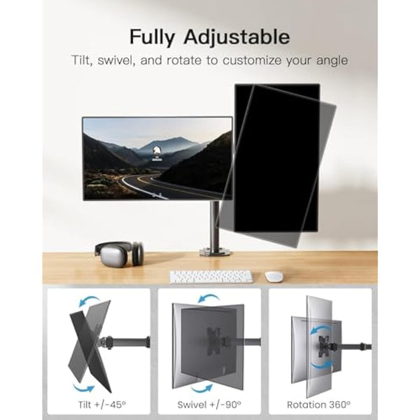 HUANUO Dual Monitor Stand for 13-30 Inch Screens, Adjustable Dual Monitor Arm with Tilt Swivel Rotate,10KG per Arm, Double Computer Sceren Stand Fit 75 100 VESA Mount
