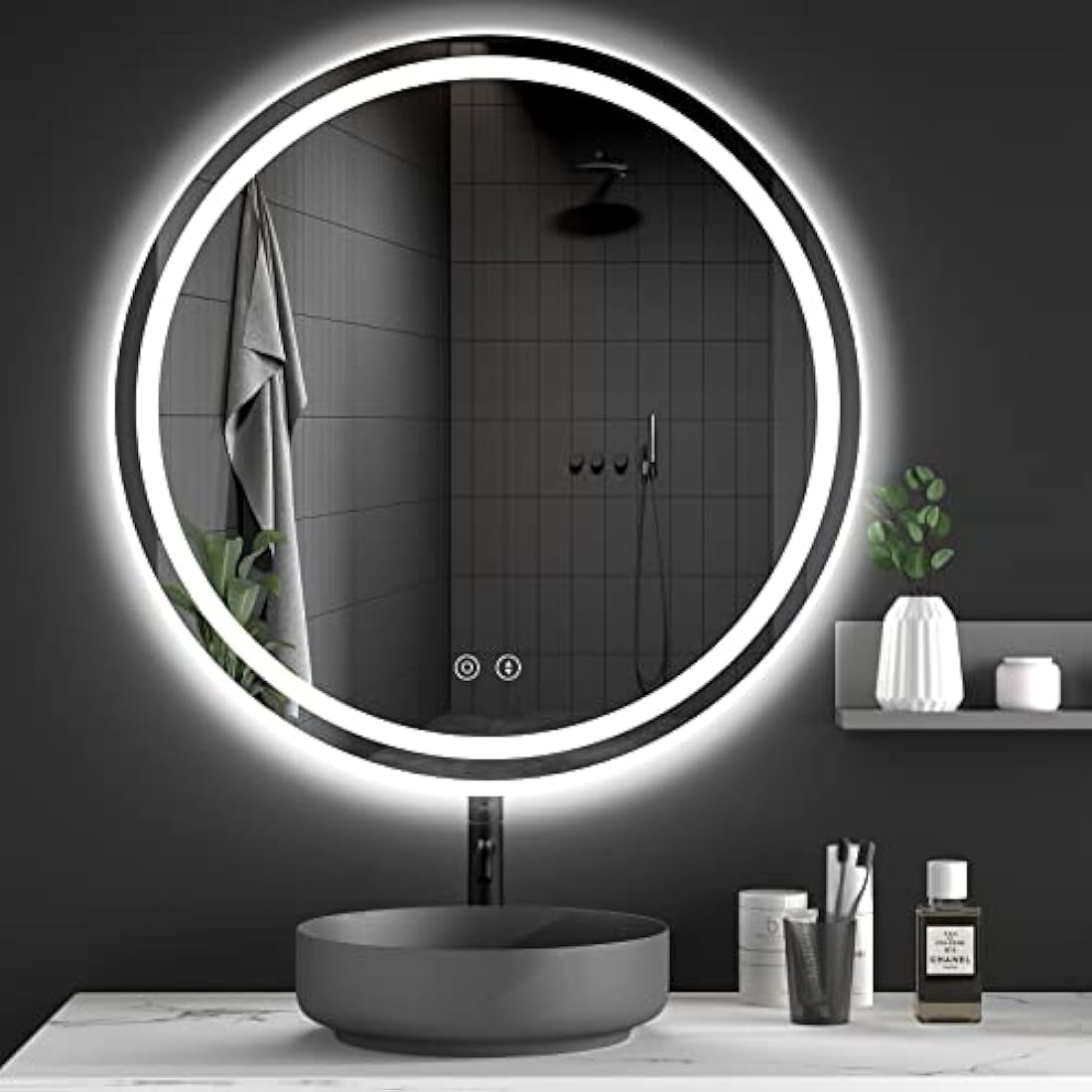 Dripex 700mm Round Bathroom Mirror with LED Light, Illuminated Circle Makeup Vanity Mirror with Demister Pad, Anti-fog, 3 Lighting Modes, Dimmable, Wall Mounted, Front+Backlit, IP44