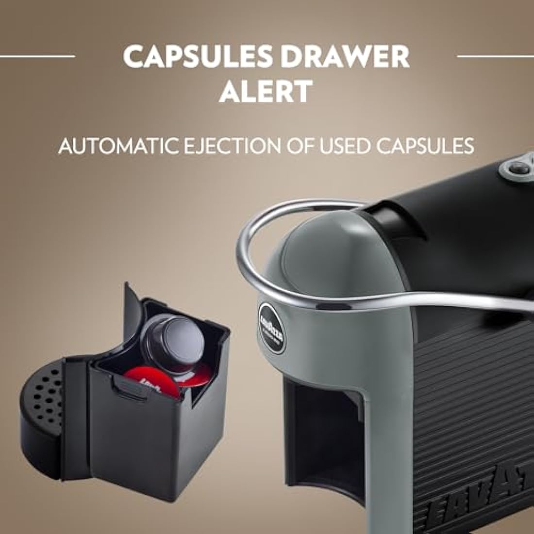 Lavazza, A Modo Mio Jolie EVO, Coffee Capsule Machine, Made from 36% Recycled Plastic, Compatible with A Modo Mio Pods, with Removable Cup Rest, Automatic Shut-Off, 1250 W, 220–240 V, 50–60 Hz, Grey