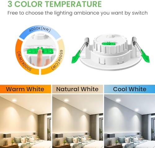 ALUSSO LIGHTING LED Recessed Ceiling Lights 6W 540lm, Ø68mm Downlight for Ceiling, Dimmable 3CCT Warm White 3000K Neutral White 4000K Cool White 6500K, IP44 Spotlights for Bathroom, 6Pack