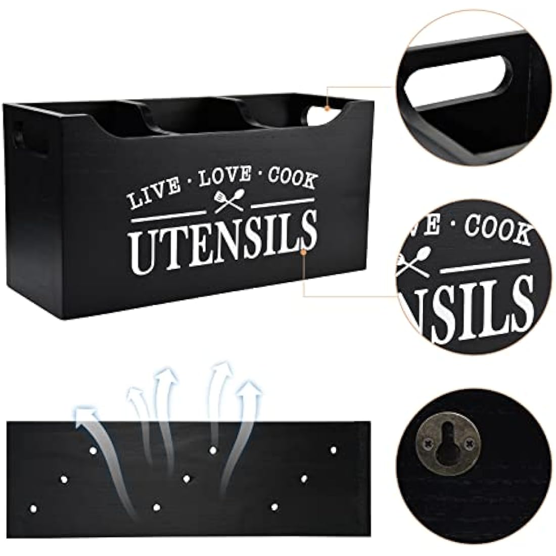 Karisky Kitchen Utensil Holder with Drainage Bottom, Large 3 Compartments Solid Real Wood Utensil Organizer for Kitchen Counter, Farmhouse Cooking Tools Storage for Countertop, Black