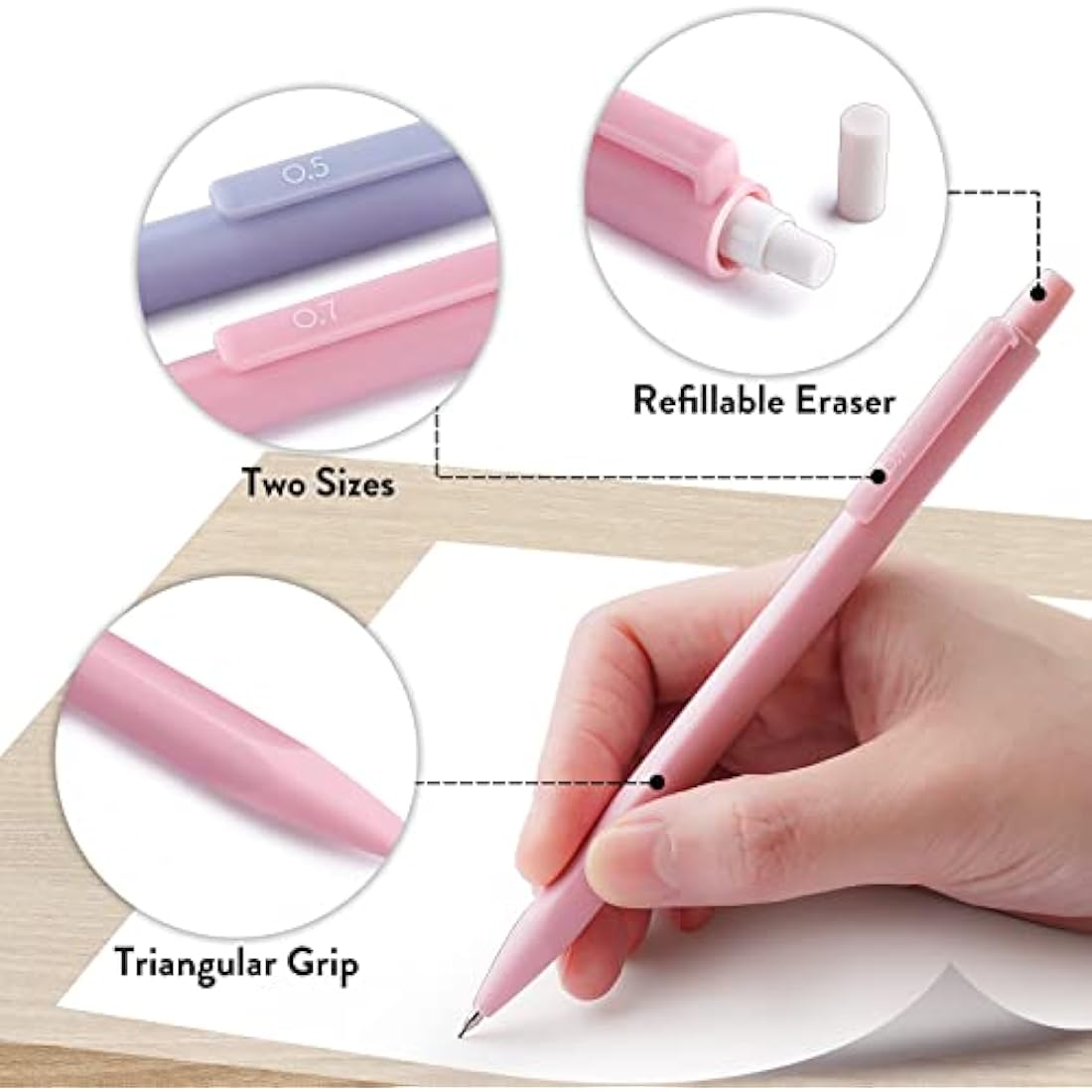 Four Candies Cute Mechanical Pencil Set, 6PCS Pastel Mechanical Pencils 0.5mm & 0.7mm with 360PCS HB Lead Refills, 12PCS Erasers, Aesthetic Stationery & School Supplies for Girls Writing