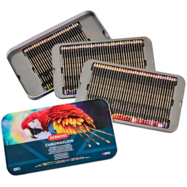 Derwent Chromaflow Pencils, Set of 100 in Tin, 3.5mm Round Core, Premium Core Strength, Blendable with Smooth Texture, Ideal for Drawing, Colouring & Layering, Professional Quality, 2306262