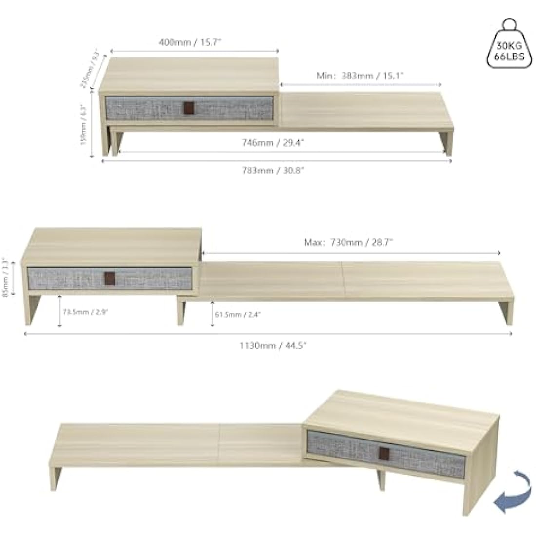Fenge Dual Monitor Stand With Drawer - 2 Shelf Riser With Adjustable Length and Angle, Wood Stand for 2 Monitors, Laptop PC, Computer, Printer, Desktop Organizer, Oak