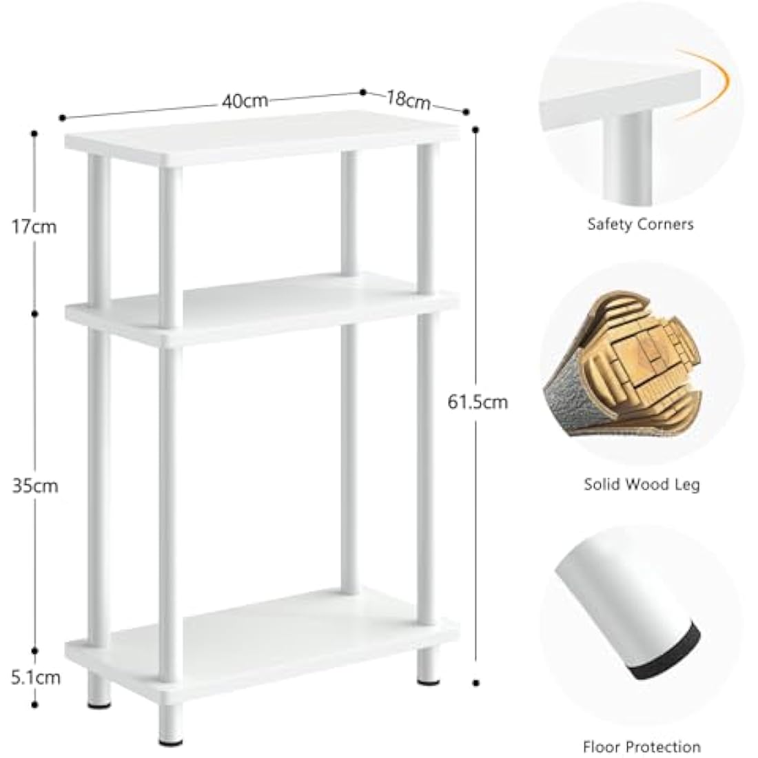 APICIZON Narrow Side Table, Slim Small Table, 3 Tier End Table Living Room, 40x18x61.5cm, Modern Thin Side Table for Living Room, Bedroom, Sofa, Small Nightstand with Magazine Rack, Save Space, White