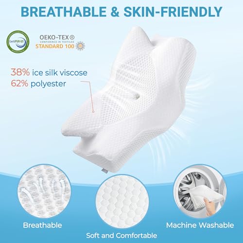 Elviros Cervical Memory Foam Pillow for Neck Pain Orthopedic Neck Pillow for Shoulder Pain Ergonomic Head Neck Support Pillow for Side/Back/Stomach