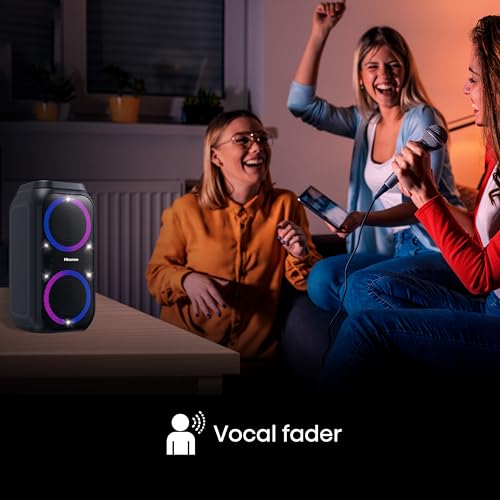 Hisense PARTY STORM, 300W Max Audio Power,15 Hrs long playtime,Karaoke Mode,Lighting effects, Wireless charge the phone, IPX4 Waterproof, Bluetooth 5.0