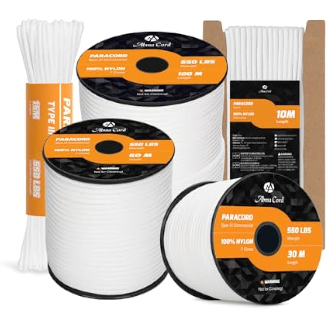 Abma Cord Paracord 550 4mm 100m 100% Nylon Rope Type III 7 Strands Parachute Cord for DIY, Camping, Survival, Outdoor - Max. 250kg - White
