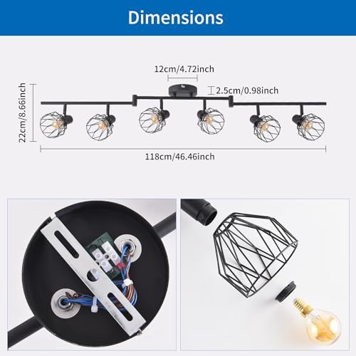 ANWIO Kitchen Spot Lights Ceiling,6 Way Black Lounge Industrial Wall Lights-Adjustable SpotLights Ceiling Lights Wire Cage with E14 Base,Light Fittings Ceilings for Kitchen Living Room(EUC-EA190813)