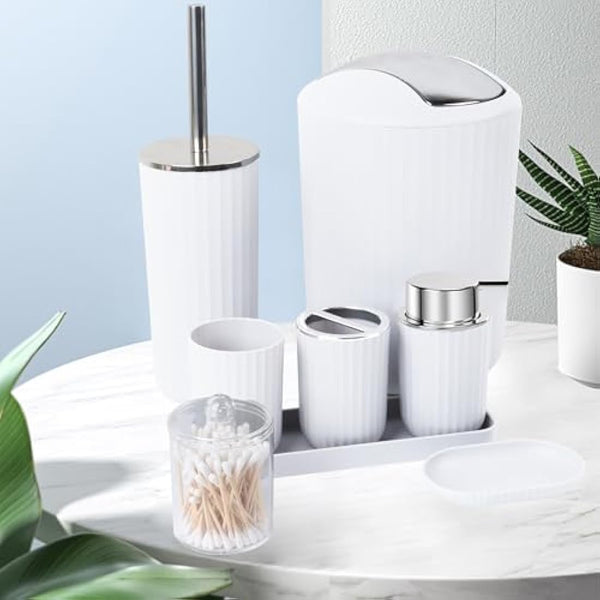FEILANDUO Bathroom Accessories Sets Complete, 8 Pcs Bathroom Accessory Set with Trash Can, Soap Dispenser, Soap Dish, Toothbrush Holder, Toothbrush Cup, Toilet Brush and Qtip Holders,Vanity Tray White