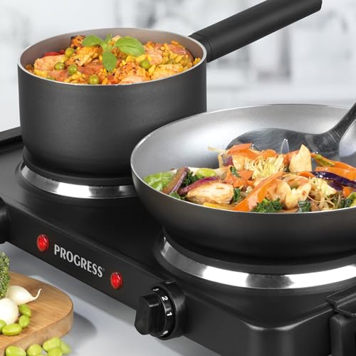 Progress EK4399P Electric Twin Hot Plate Dual Temperature Controls,Portable Hob Rings,Easy Grip Carry Handles, Non-Slip Tabletop & Outdoor BBQ
