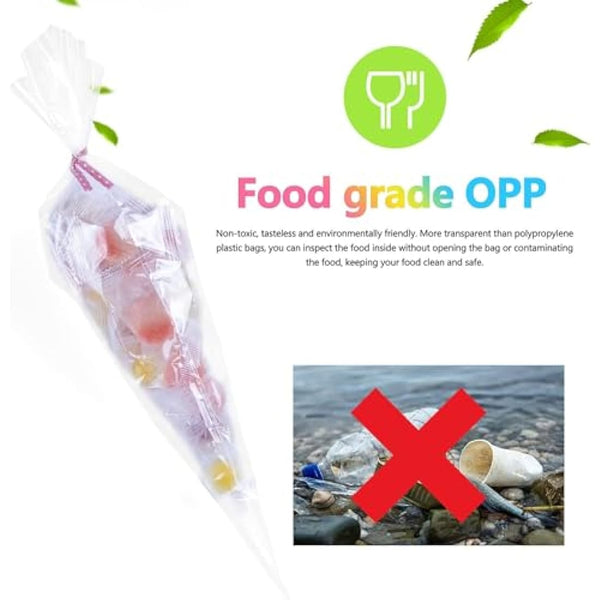 FOLKSNSHOPS 200pcs Sweet Cone Bags 32x18cm Clear Cone Bags, Sweet Bags, Cellophane Cone Bags with Ties for Party Supplies, Sweets, Biscuits Displaying & Wrapping on Birthday Parties and Festivals