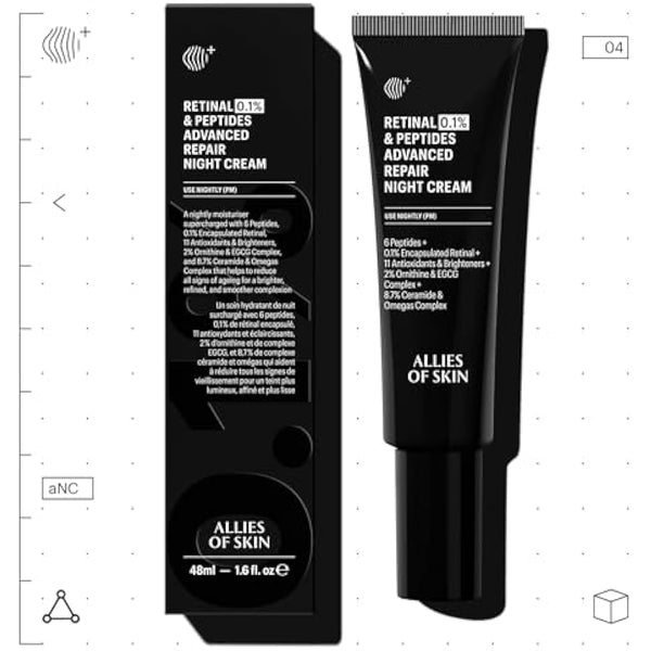 Allies of Skin Retinal 0.1% Peptides Repair Night Cream with Patented 0.1% Encapsulated Retinal, 6 Peptides, 2% Ornithine & EGCG Complex, 8.7% Ceramides & Omegas Complex