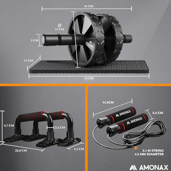 Amonax Convertible Ab Wheel Roller with Large Knee Mat for Core Abs Rollout Exercise. Double Wheel Set with Dual Fitness Strength Training Modes at Gym or Home