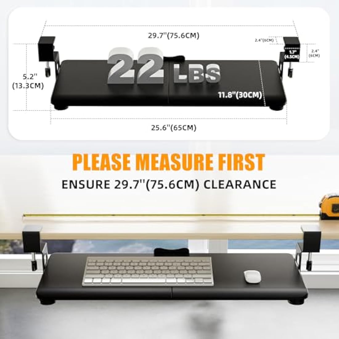 ERGOMAKER Keyboard Tray Under Desk, Pull Out Keyboard Tray with Extra Sturdy Clamp Mount System, 65x30cm (76cm Including Clamps) Computer Drawer for Typing, Perfect for Home or Office, Black.